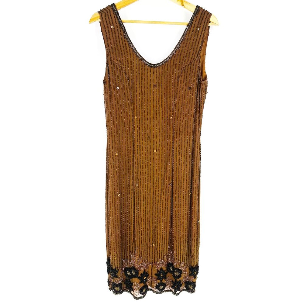 Vintage Nadine Boutique Brown Hand Beaded Sequined Silk Dress & Cardigan Set S - Picture 5 of 12